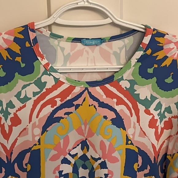 J. McLaughlin luxe pink, blue, green, yellow & white symmetrical top, size M - Picture 2 of 6